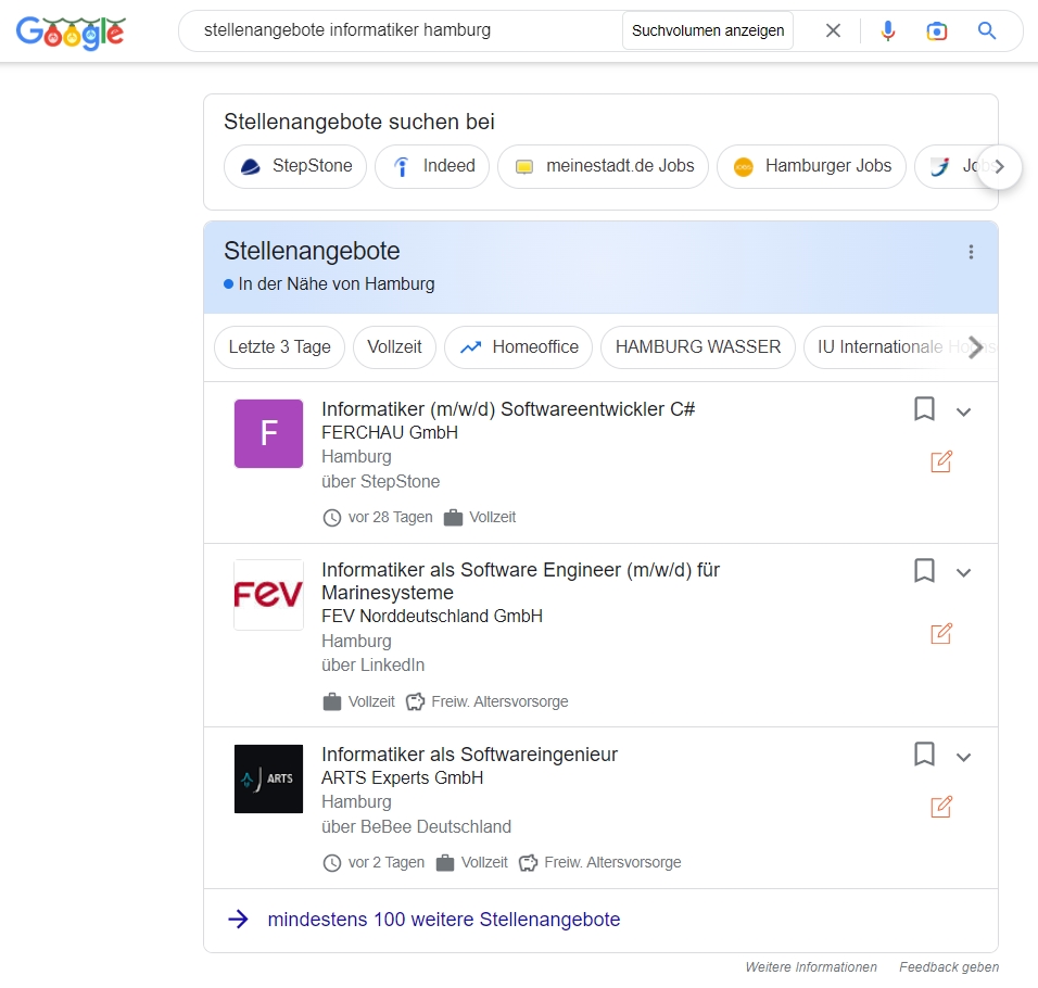 Screenshot Google for Jobs zum Suchbegriff "Stellanangebot Informatiker Hmaburg".