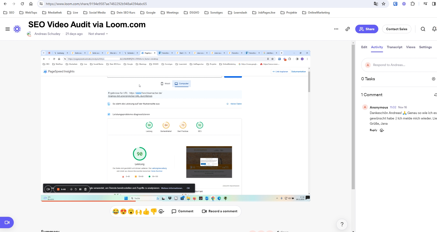 Screenshot von der Seite loom.com. Im Video sieht man das SEO Video Audit für eine Kundenwebsite.