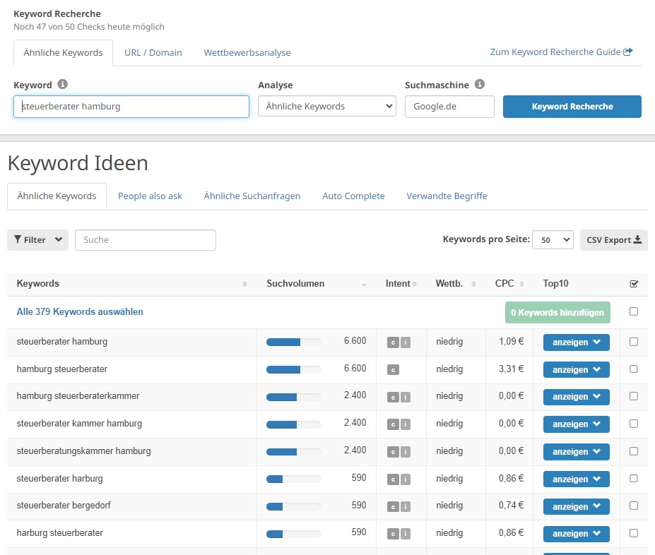 Screenshot von Seobility zum Keyword Steuerberater Hamburg. Man sieht zudem weitere Keywordideen und die dazugehörigen monatlichen Suchvolumina.