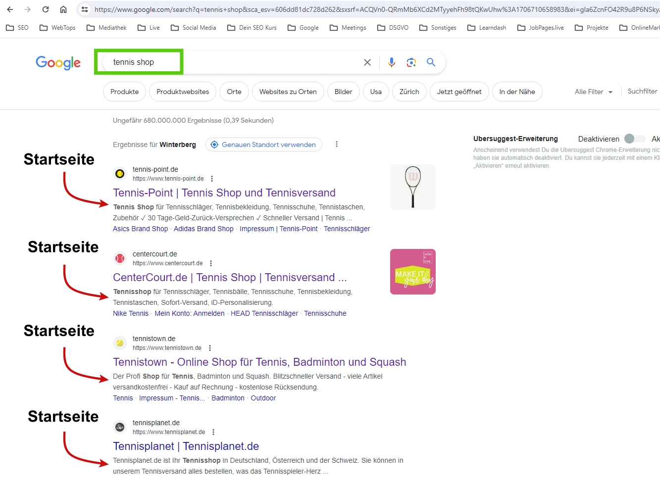 Google Screenshot zu dem Keyword "Tennis Shop". Im Screenshot sind alle Websites markiert, bei denen die Startseite rankt.