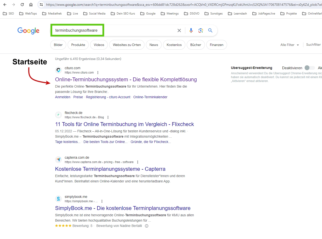 Google Screenshot zu dem Keyword "Terminbuchungssoftware". Im Screenshot sind alle Websites markiert, bei denen die Startseite rankt.