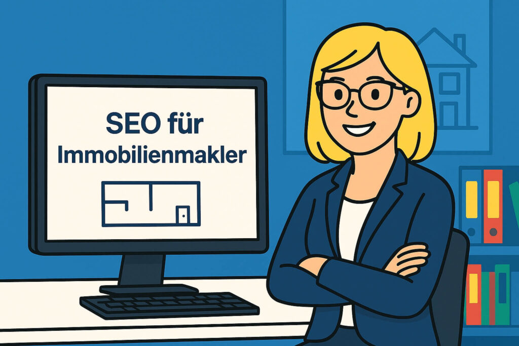 Illustration einer blonden, lächelnden Immobilienmaklerin im Business-Outfit. Auf dem Monitor steht „SEO für Immobilienmakler“. Im Hintergrund sind ein Whiteboard mit einem einfachen Grundriss und ein Regal mit bunten Ordnern zu sehen.