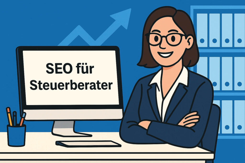 Comicillustration einer Frau mit realistischer Hautfarbe, Brille und Business-Kostüm, die lächelnd am Schreibtisch sitzt. Auf dem weißen Monitor steht „SEO für Steuerberater“. Im Hintergrund sind weiße Aktenordner und ein blauer Chart-Pfeil nach oben zu sehen.