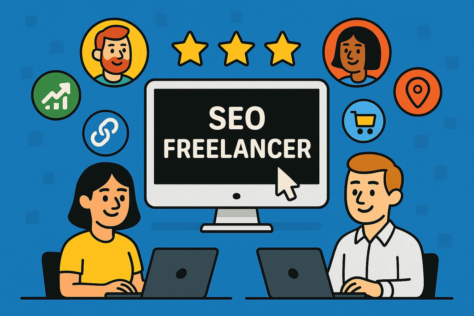 A SEO Freelancer Illustration von zwei Personen an Laptops mit einem Bildschirm in der Mitte, auf dem ‚SEO Freelancer‘ steht, umgeben von Symbolen für Online-Marketing, Kundenbewertungen und Netzwerk.