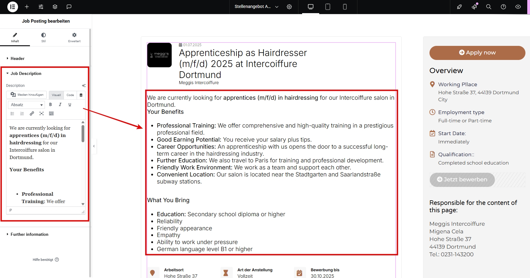 Job Schema Widget for Elementor EN Job Description Section