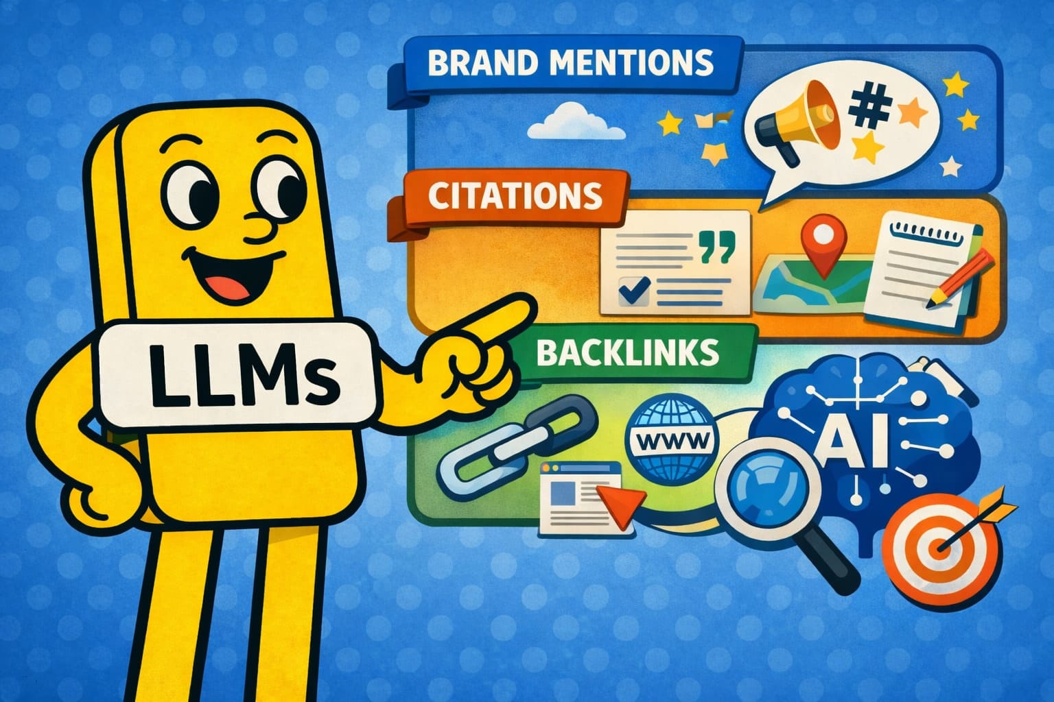 SEO Quiz mit 20 Fragen Illustration eines gelben Cartoon-Charakters mit der Aufschrift „LLMs“, der auf Symbole für Brand Mentions, Citations und Backlinks zeigt, vor blauem gemustertem Hintergrund – Visualisierung von Auffindbarkeit und Sichtbarkeit in Large Language Models.