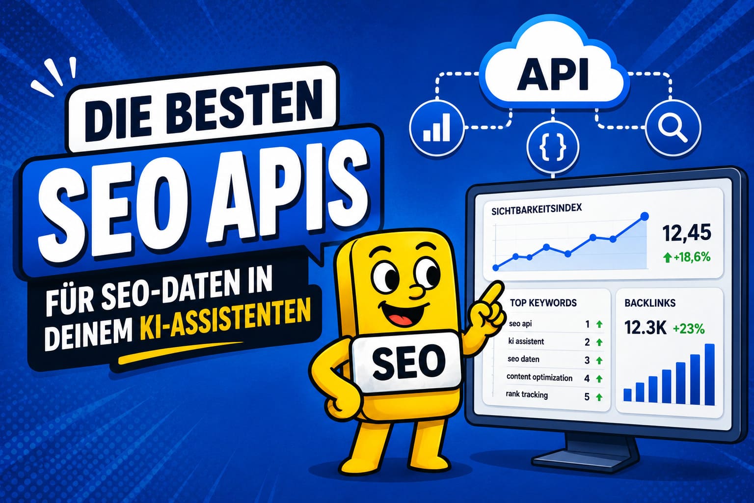 SEO Quiz mit 20 Fragen Comicartige Illustration zu SEO APIs für KI-Assistenten mit gelbem SEO-Maskottchen, API-Cloud und SEO-Dashboard